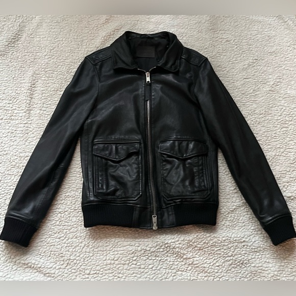 Allsaints Phoenix Leather Bomber Jacket Shearling Collar Small Pre-Owned A2 G1 - Picture 4 of 5